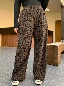 Women's Corduroy Leopard Print High Waist Elastic Wide Leg Pants, Soft Loose Fit Straight Leg Trousers, Versatile Casual Fashion Style