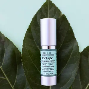 PROOF Skin Solutions Deluge: Youth Restoring Eye Cream, Aloe, Avocado oil, Epidermal Growth Factor, Niacinamide, 6 Peptides, Polyglutamic acid, 9 Fruit Antioxidants, Chrysin, Caffeine, Dipeptide 2, Vit. E, C, Chamomile,Broccoli seed oil,Caprylic, Baobab