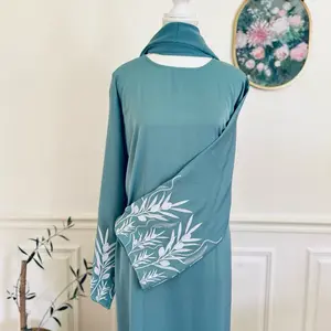 The Emira Collection - Noor Abaya in Teal with White Embroidered Sleeves - Elegant Design