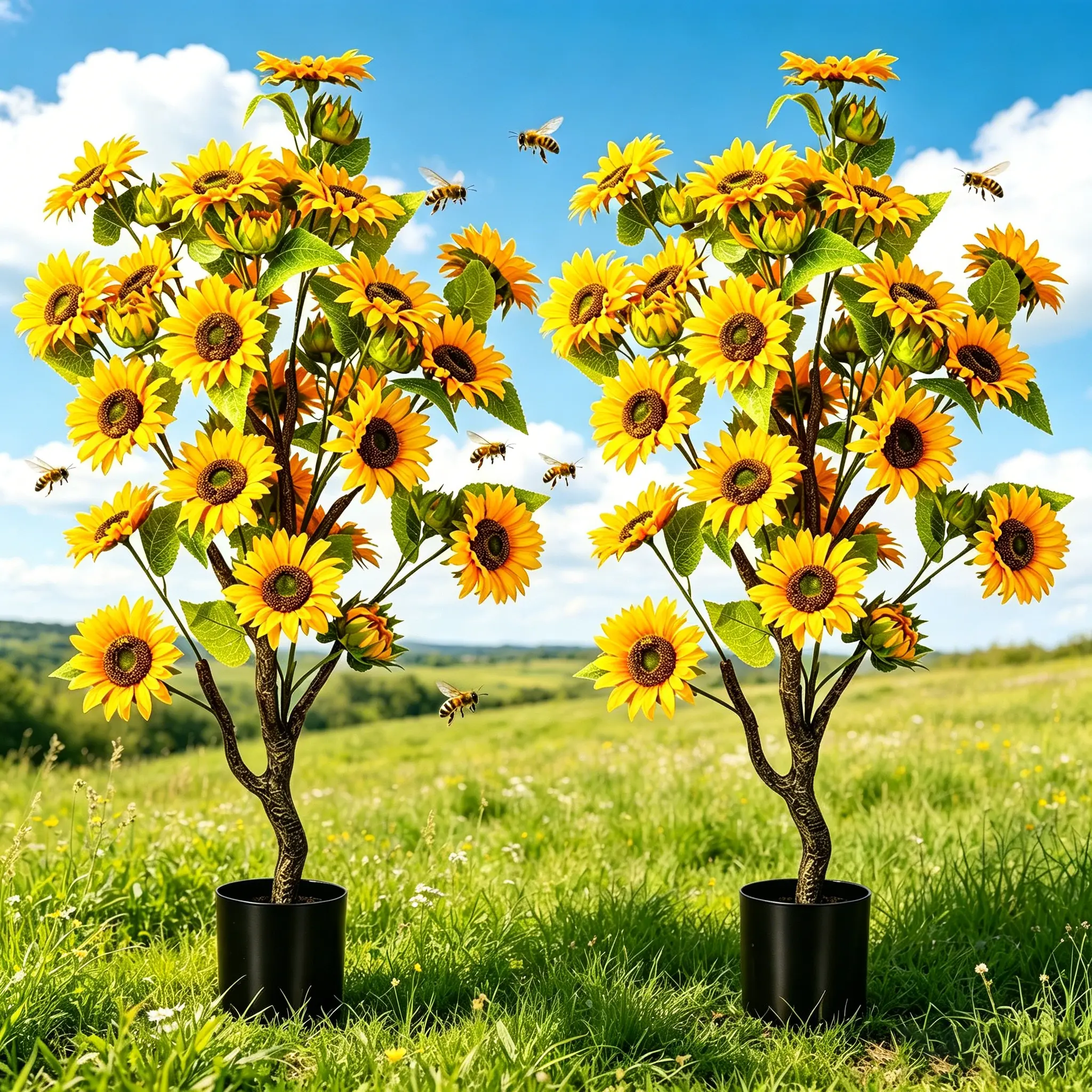 Artificial Sunflower Tree with Pot, Tall Fake Sunflower Potted Plant, Large Faux Sunflower Floral Arrangement, Permanent No Maintenance Floor Decor for Living Room Entryway Home Farmhouse Indoor Outdoor Decor.
