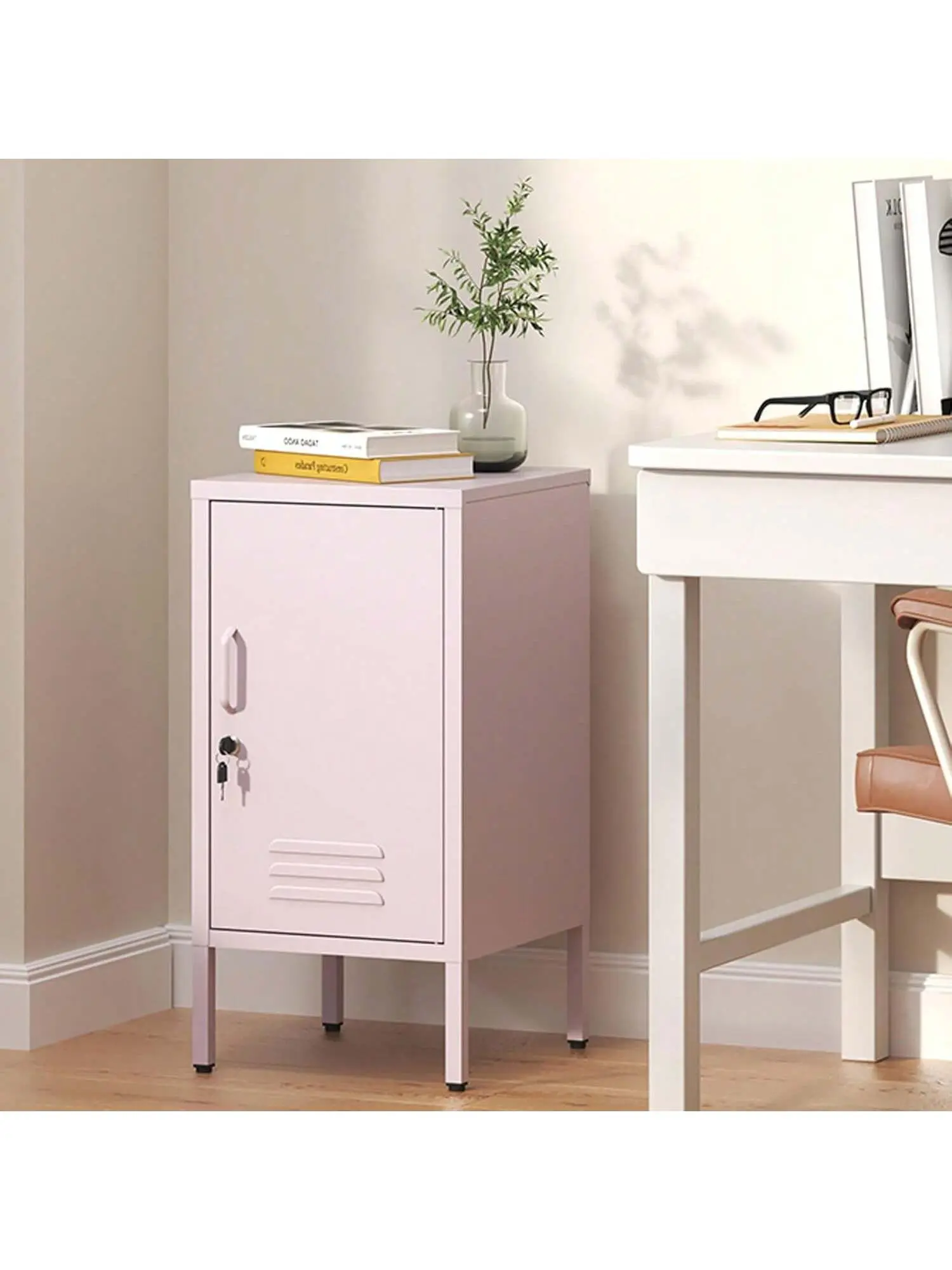 Lockable Metal Locker End Table, Modern Minimalist Accent Side Table with 2 Adjustable Shelves, Anti-Tilt Design, Multifunctional Storage Cabinet, Easy to Assemble, 27.55"H x 13.78"W x 14.96"D for Living Room, Bedroom, Modern Accent Cabinet, Leveling Feet