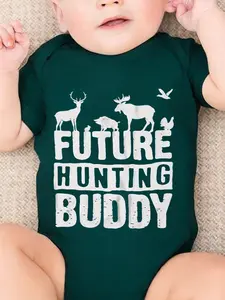Baby boy and newborn cute short sleeved crawling suit "FUTURE HUNTING BUDDY" cartoon print, suitable for both male and female babies, perfect pregnancy gift, baby triangle jumpsuit