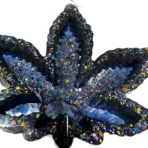 Epoxy Resin MJ Leaf Ashtray - Galaxy/Disco Theme with Metallic Blue and Black Mixed Design, Chunky Glitter Finish Decor