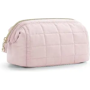 Makeup Bag Travel Toiletry Bag, Puffy Padded Make Up Bags for Women Makeup Organizer Case, Wide-open Pouch Purse Travel Essentials Toiletries Accessories Brushes, Pink