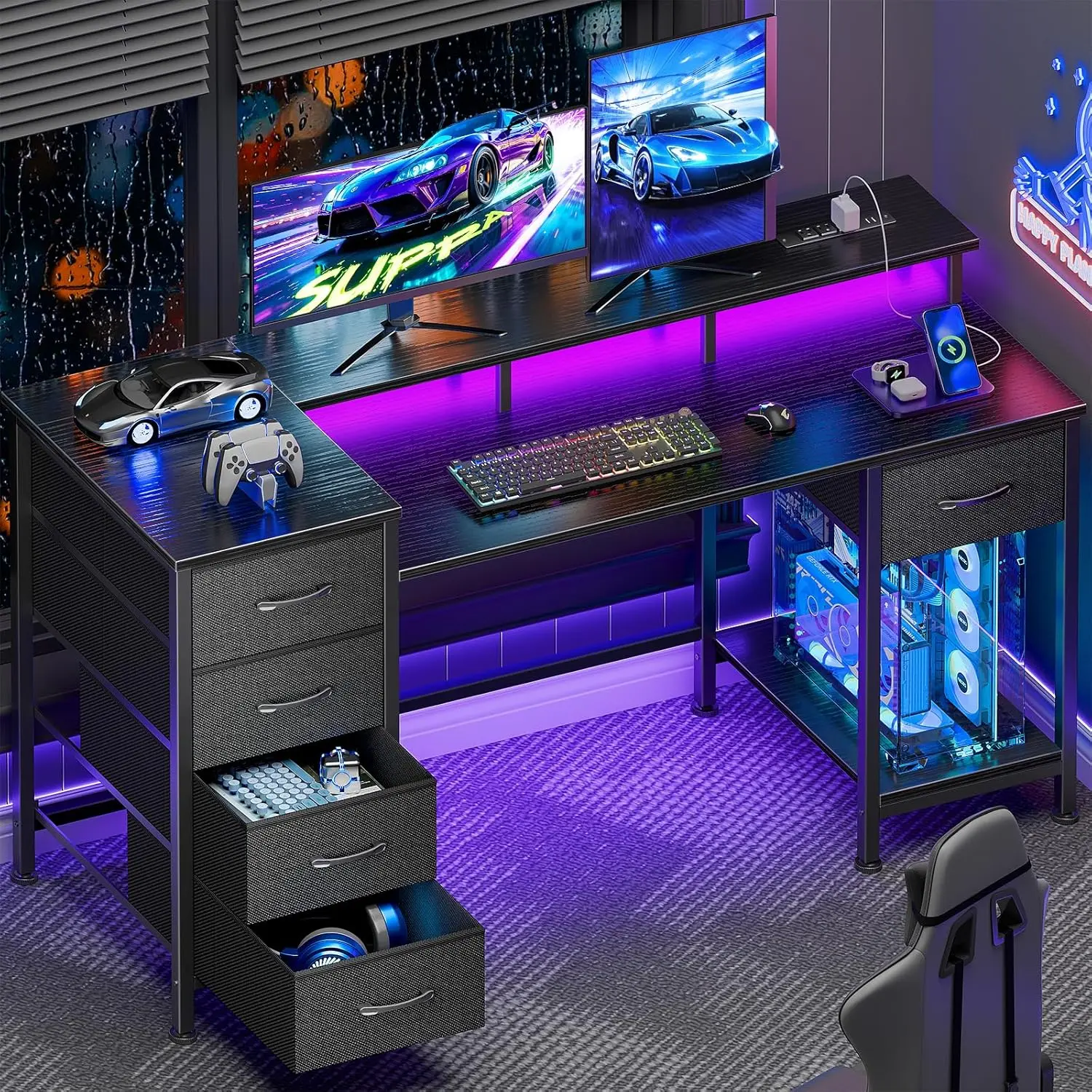 Korfile 47 Inch Gaming Desk with Power Outlets and LED Lights, Reversible Computer Desk with 5 Fabric Storage Drawers, Home Office Desk with Monitor Stand for Working Writing Study, Black