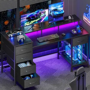 Korfile 47 Inch Gaming Desk with Power Outlets and LED Lights, Reversible Computer Desk with 5 Fabric Storage Drawers, Home Office Desk with Monitor Stand for Working Writing Study, Black