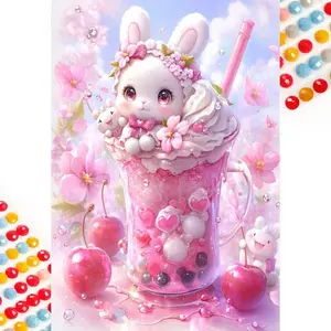 5D DIY Full Drill Round Diamond Painting - Diamond Art Kit Cherry Milkshake Bunny Ears Mosaic, Canvas - DIY Decorative Painting, Home Wall Decor, Suitable for Halloween and Christmas, Birthday and Anniversary Gifts