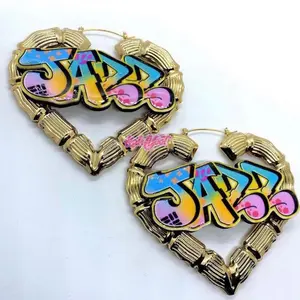 Personalized 90s Graffiti Heart Shaped Bamboo Earrings Metal Coating Ethnic