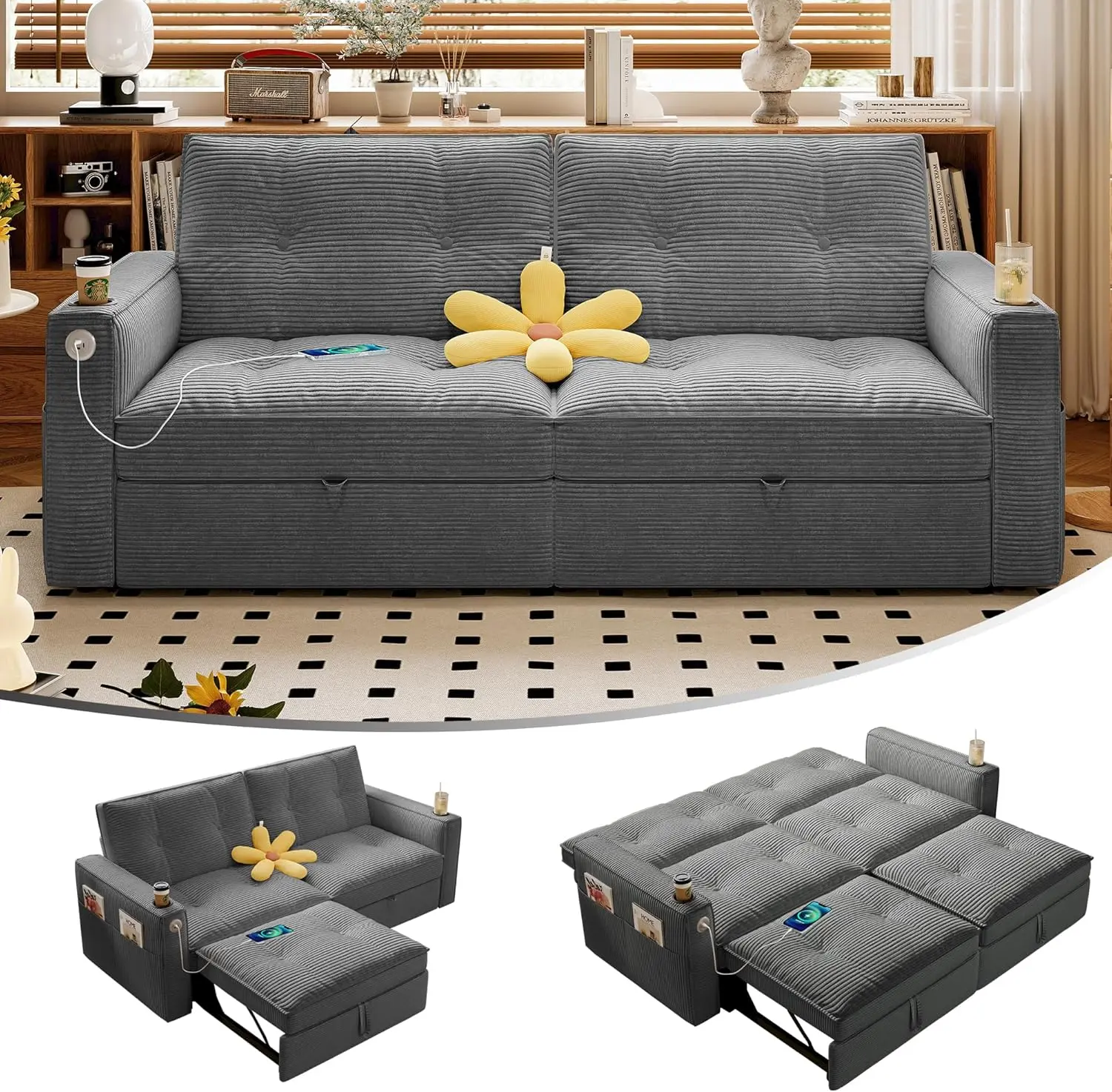 73" Queen Size Sofa Bed, Loveseat Sleeper Sofa with Pull Out Bed, Pockets and USB, Modern 2 Seater Convertible Small Couch for Living Room Bedroom Apartment
