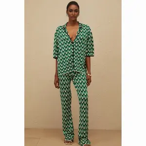 Women's 2-Piece Nylon Crochet Knit Jacquard Fashion Set - Notched Lapels, Short-Sleeve Fitted Shirt, Straight Maxi Length, Button Accents, Print Details, Elegant Casual Fabric for Spring Summer