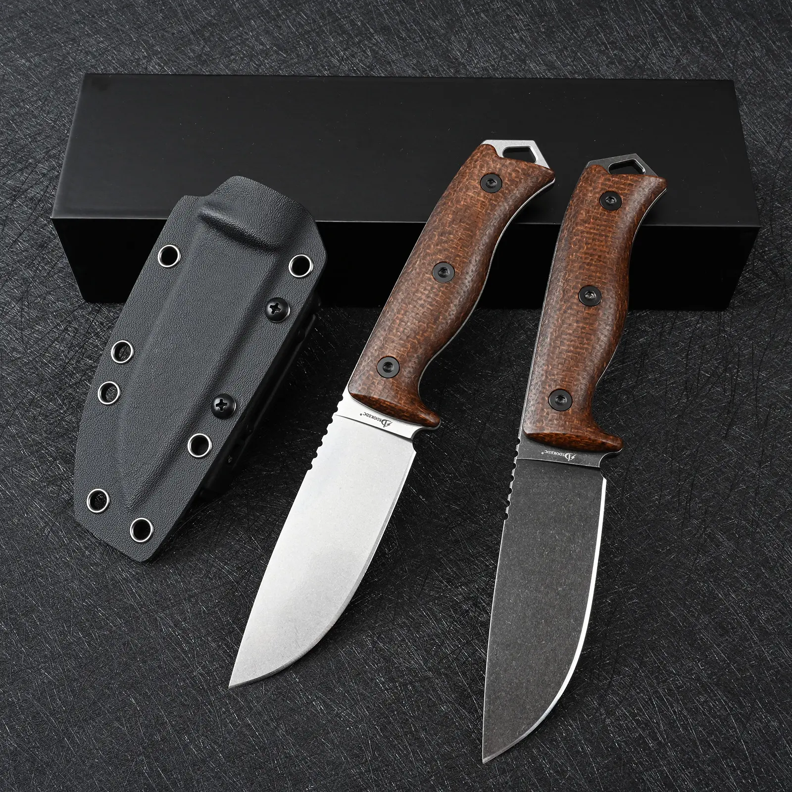 Sdokedc Full Tang Fixed Blade Knife - DC53 Steel Black Stone Wash Blade (60-61 HRC, 0.45 cm), Micarta Handle, 180g Lightweight EDC Camping Outdoor Tool with Kydex Sheath, 180 G, Hiking / Light Outdoor, Centimeters