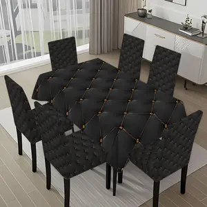5/7-piece 2D Flat Printing Black and Gold Diamond Pattern Printing Pattern Tablecloth and Chair Cover Set, for dining table and chair decoration, perfect for home, holiday gatherings, restaurants, and parties, Chair Covers Set