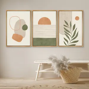 Wall Art Prints Set of 3 Abstract Green Tropical Leaves Geometric Art Print Mid Century Modern Boho Wall Art Decor Frames Glossy