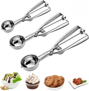 Stainless Steel Ice Cream Scoop Set of 3 - 3 Sizes Cookie Scoop with Trigger Release System for Baking & Desserts - Versatile Kitchen Tools