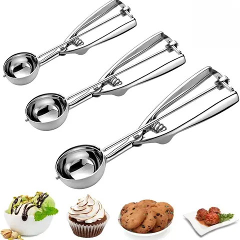 Stainless Steel Ice Cream Scoop Set of 3 - 3 Sizes Cookie Scoop with Trigger Release System for Baking & Desserts - Versatile Kitchen Tools
