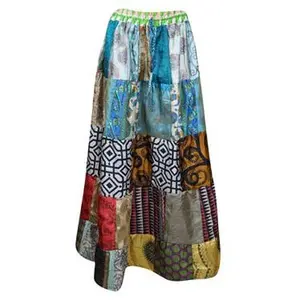 Womens Blue Maxi Skirt, Beach Patchwork Recycle Silk Sari Gypsy Skirt S/M