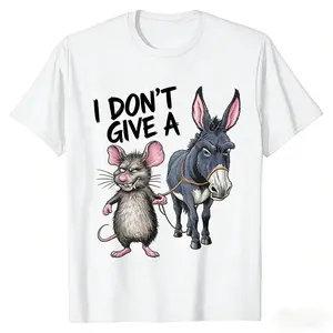 Funny "I Don't Care" Mouse and Donkey Graphic T-Shirt - 180g Cotton Vintage Loose Short Sleeve Crew Neck Casual T-Shirt, Machine Washable Humor Design