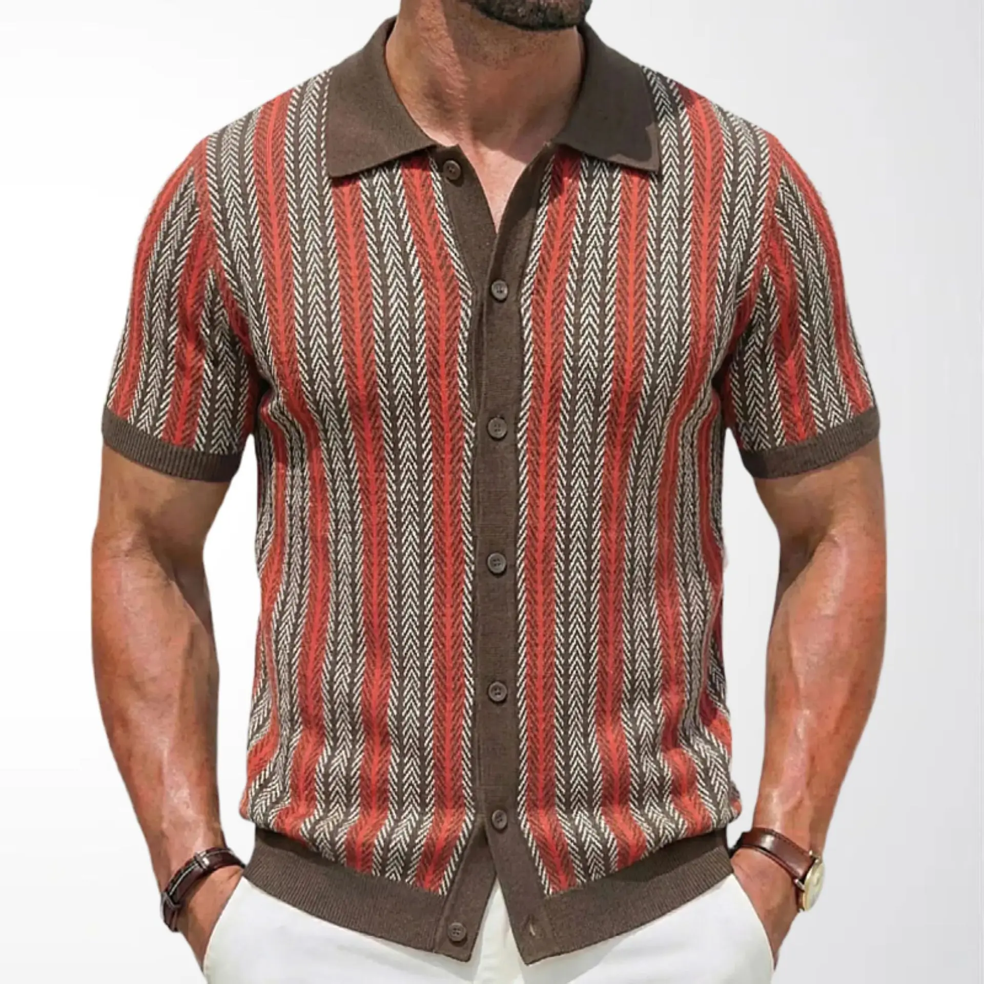 KZZ Men's Polo Shirt, Striped Jacquard Knit, Short Sleeve Button-Up Top for Summer Business Casual, Plain, Menswear, Knitwear, Button Up Polo, Premium Knit, Striking Stripe Look, Knitted Knit