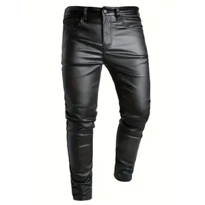 P02 Men's Casual High Elasticity Fashion Street Style Slim Fit Windproof PU Leather Motorcycle Pants Casual Pants