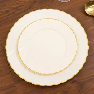 10-Pack Plastic Round Salad Dessert Plates 7.5" Ivory with Gold Flair Rim - Disposable Party Plates for Classy Events & Celebrations