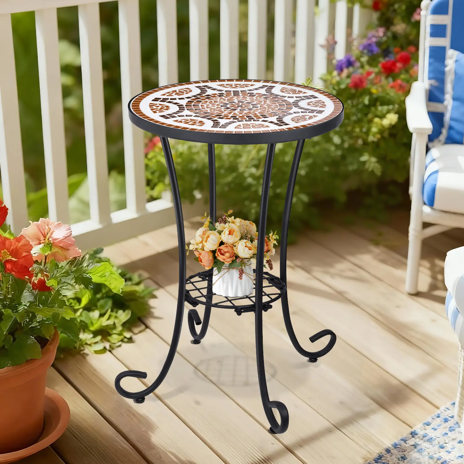 MUMTOP 14-in Indoor Outdoor Furniture - Handmade Mosaic Ceramic Tile Top Bistro Table, Black Iron Grid Patio End Table, Weatherproof Artisan Plant Stand, Quick Setup for Pool Side, Covered Patio