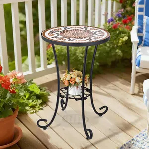 Mosaic Outdoor Side Table, 14" Round End Table, Accent Table, Plant Stand Ideal for Pool Side, Porch, Patio, Deck or Sofa Side, Glass Top Black Iron, Golden Backyard
