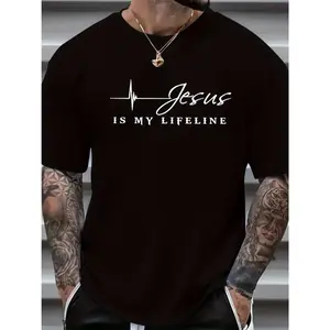 [Plus Size Casual T-Shirt] Vibrant Orange Plus Size Men's Casual T-Shirt - "Jesus is My Lifeline" Graphic, Crew Neck, Short Sleeve, , Machine Washable - Relaxed Fit for Everyday Comfort