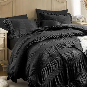 Comforter Set Seersucker 7 count Luxury Ruffle Bed in a Bag  Size for All Season Black Bedding Set with Comforter, Pillowcases, Flat Sheet, Fitted Sheet and Pillow Shams