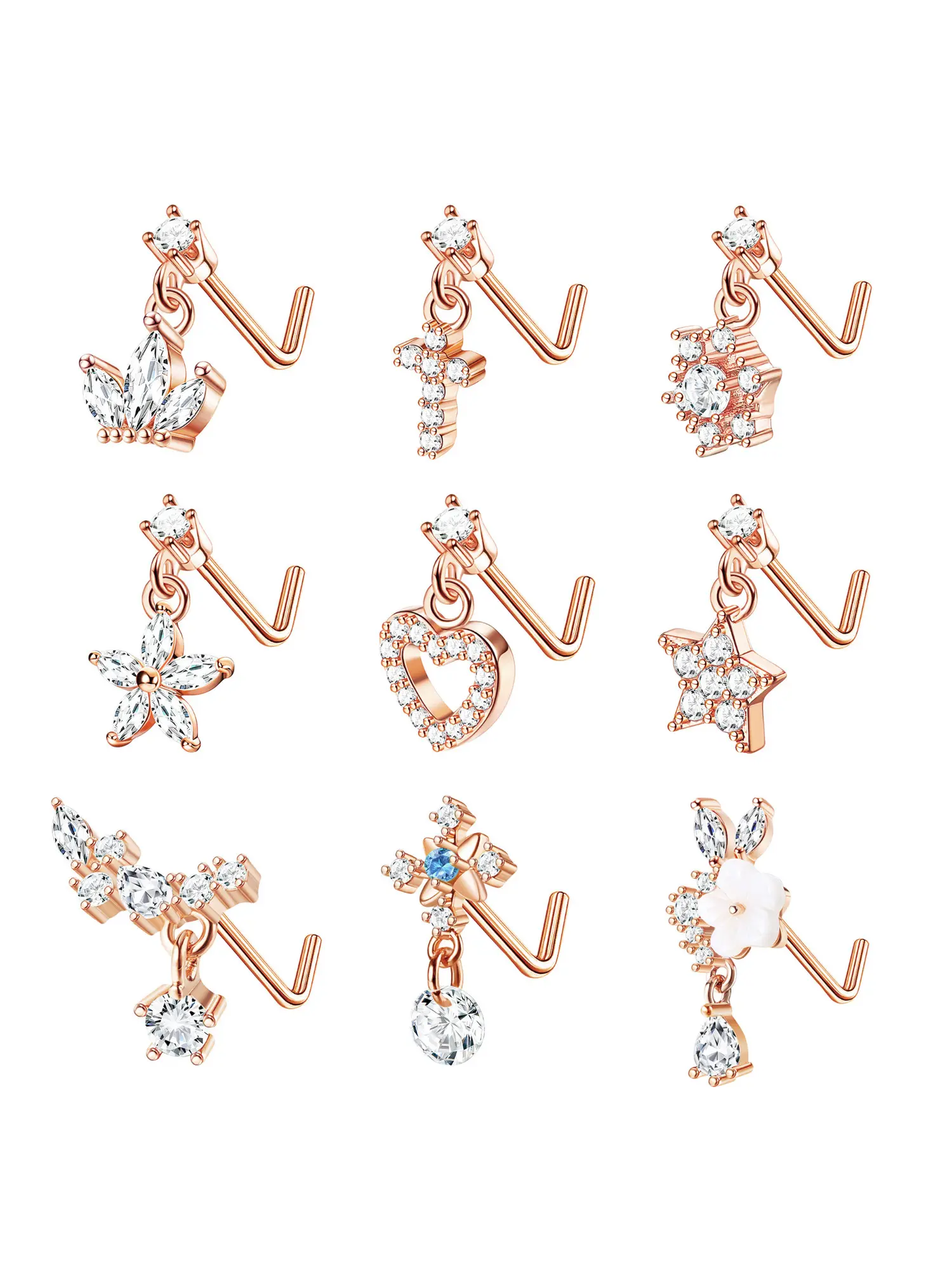 9 PCS Dangle Nose Rings - L Shaped for Women, 20G Stainless Steel Nose Rings Studs with CZ Cross, Crown, Flower, Heart Dangling Piercing Jewelry, Maximalist Jewelry, Cute Jewelry, Body Jewellery