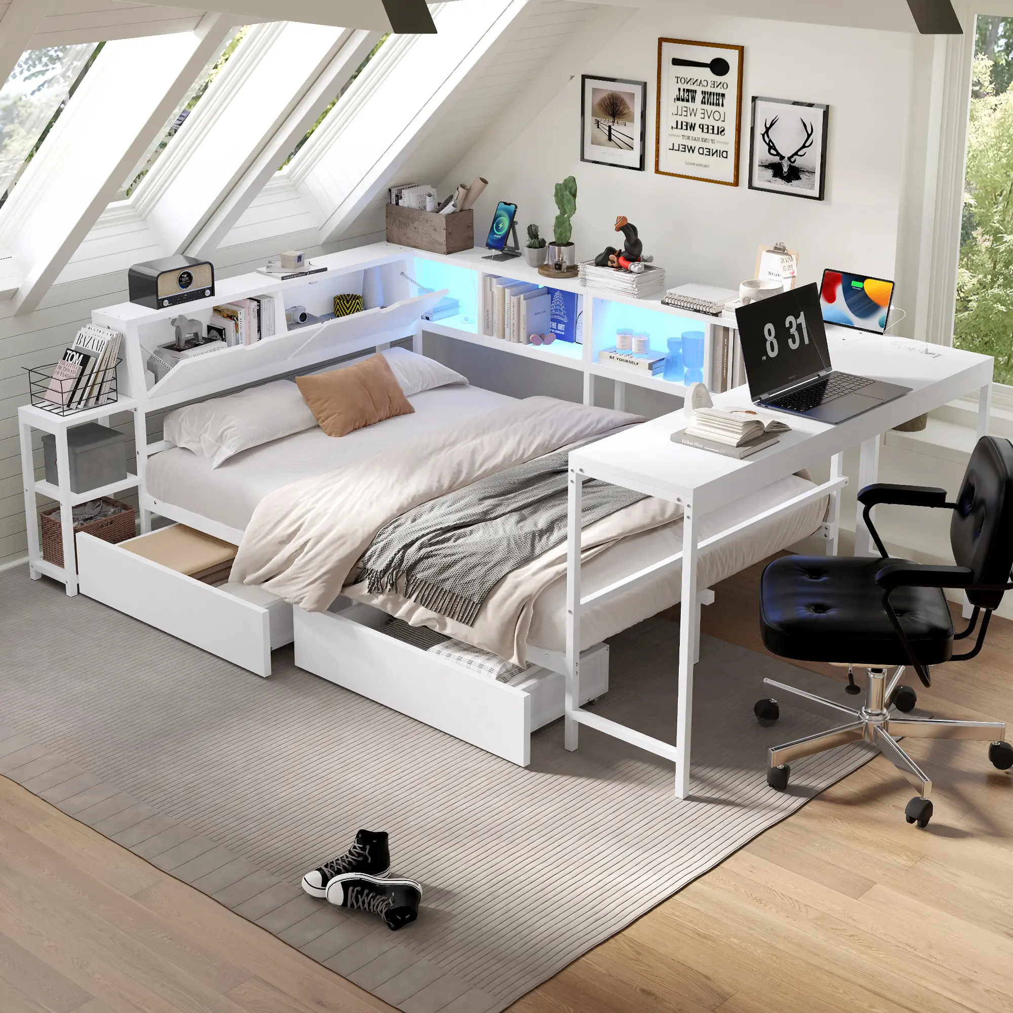 Twin/Full/Queen Size Corner Bed Frame with Bookcase & 2 Underbed Storage Drawers - LED Light & Charging Station, Left/Right Interchangeable Black/White, Led Lights, bed Frames For queen