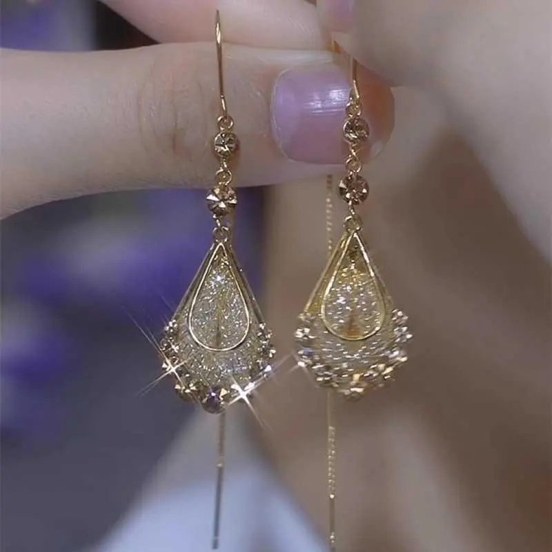 Premium Light Gold Mesh Teardrop Tassel Threader Earrings Elegant Long Face-Slimming Earrings Versatile Ear Jewelry HNAK17