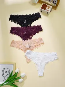 Women's Fashion Elegant V-Shape Panties, Soft Comfortable Breathable Quick-Dry Lace Patchwork Low Waist Thong, Seamless Light Thin Elastic Triangle Underwear