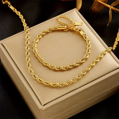 2Pcs Stainless Steel Chain Set Exquisite Shiny Golden Necklace & Bracelet Retro Twisted Chain Men/Women Couple Jewelry Chic Adjustable Stainless Steel Chain Necklace Bracelet Set Party Jewelry