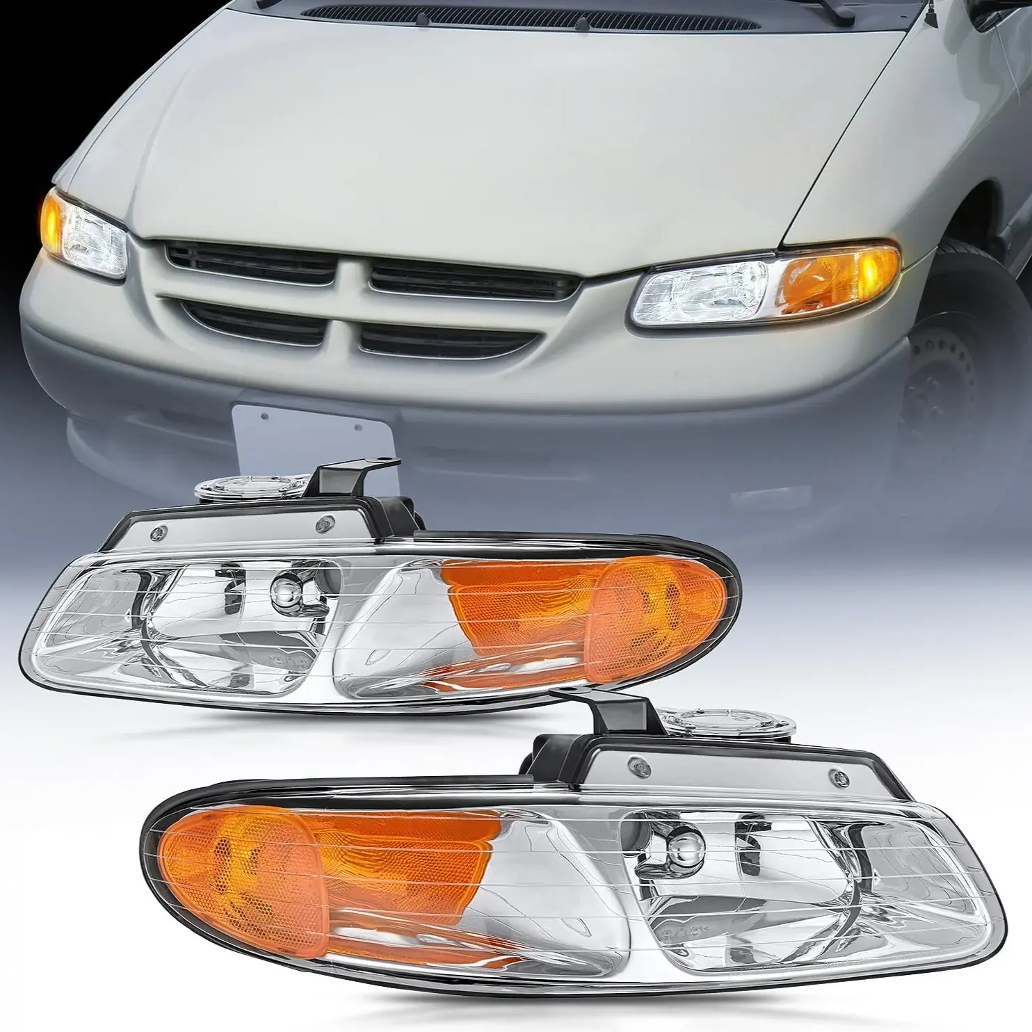 Nilight DOT & SAE Compliant Automotive Beam Headlight Assembly - Chrome Case, Amber Reflector, Anti-Fog Vent, Waterproof, Corrosion Resistant, Easy to Exhaust Headlamps for 1996-1999 Chrysler Town & Country, Dodge Grand Caravan, Plymouth Grand Voyager, Oe