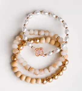Neutral Wood Gold Beaded Bracelet Stack