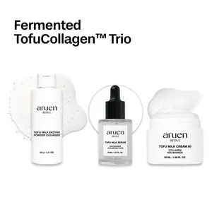 [Aruen Official] Fermented Tofu Collagen Trio - Cleanser + Serum + Cream - 24hr Fermented Soy Milk with Collagen, Niacinamide & Hyaluronic Acid - Korean Firming & Hydrating Skincare Set for Radiant Skin White Botanical Gels