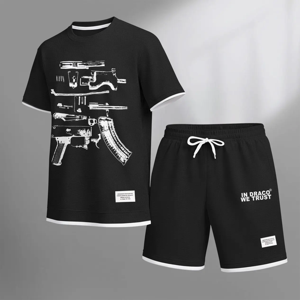 Men's In Draco We Trust Letter Graphic Waffle Fabric Shorts Set, Casual Short Sleeve Shirt and Shorts Two-Piece Outfit, Textured Summer Set for Daily Wear, Lounge, Vacation, and Outdoor Activities Shortsleeve Minimalist