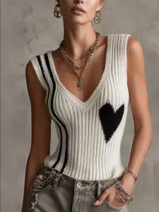 Women's and Knit Tank Top, Knitted V-Neck Sleeveless, Heart Pattern, Slim Fit, Fitted, Elegant and Chic, Casual Fashion Top, Vacation Style, Womenswear
