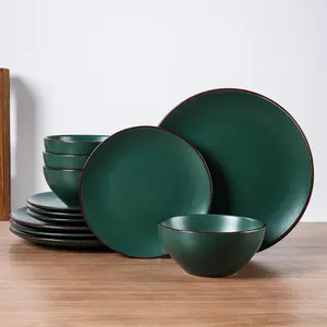 12-Piece and Sets for 4, Stoneware Dinnerware Set with Trim, Minimalist Dishes for & Formal Use, Chip Resistant,/Dishwasher Safe, Dark Green