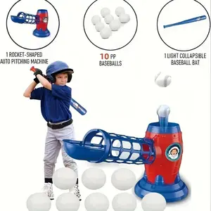 Kids pitching machine set with plastic baseball bat and 10 balls - for ages 3-12, ideal baseball practice gear and birthday/holiday gift