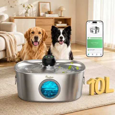 Pawaboo Smart Stainless Steel Pet Water Fountain, 10L/2.64Gal Cordless Dispenser with 2.4G WiFi, Multi-Filter, Ideal for Large & Multi-Pet Homes (1 Fountain)
