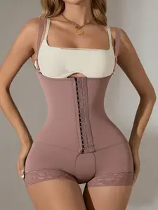 1 Count Women's Shapewear Bodysuit, Fajas, Colombian Shapewear, Adjustable Hooks Closure Body Shaper, Tummy Control Butt Lifting Jumpsuit, Lace Trimmed Bodysuit For Flattering Look Solid Color Romper, Suitable For Daily Wear, Gym And All Occasions