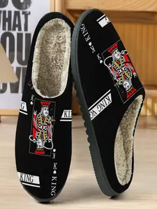 King Poker Card Printed Cotton Slippers, Soft Eva Sole, Anti-Slip, Warm, Easy to Clean, Casual Home Wear, Fall & Winter