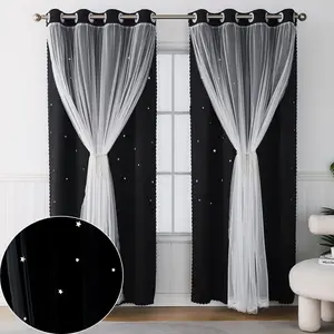 1pc Princess Lace Window Curtain with Star Pattern, Hollow Out Design, Double Layer Thickened, High Light Blocking, Room Decor Curtain, for Bedroom Living Room Kids' Room