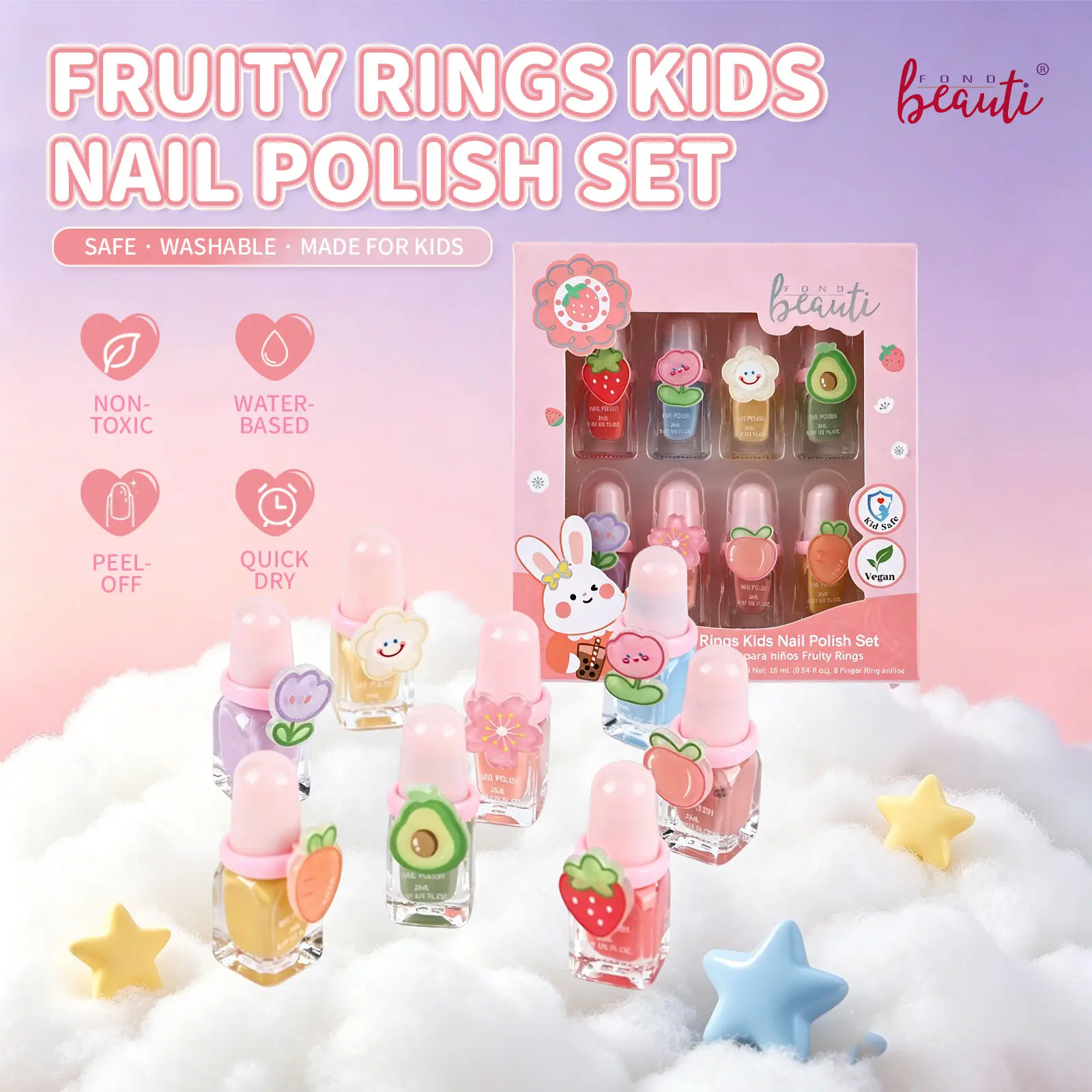 Fondbeauti 8-in-1 Easy Peel-Off Nail Polish Set, Non-Toxic Water-Based Formula, Beauty & Personal Care Nail Art Gift for Girls