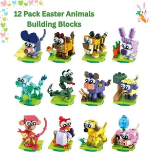 12 Pack Easter Animal Building Blocks Toys – Mini Bricks Set, Easter Egg Fillers, Party Favor Basket Stuffers for Kids & Adults, Egg Hunt Supplies, Holiday Classroom Prizes & Gifts