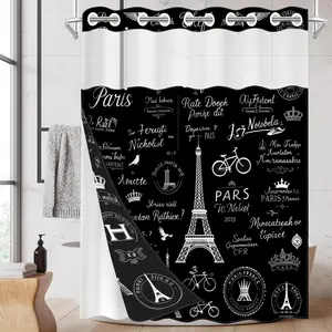 1pc hookless shower curtain, Bathroom Curtain, with buckle lining, black and white Paris Eiffel Tower design 2D flat print, fabric waterproof lining, see-through double-layer shower curtain, 71 x 74 inches, home curtain, Includes Liner, Bathroom Decor