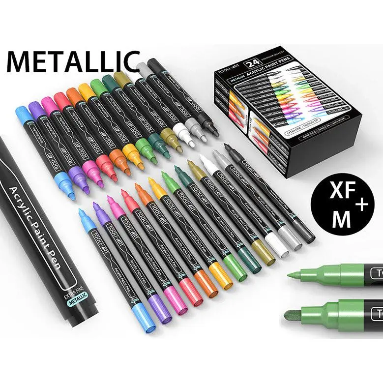 TOOLI-ART Metallic Acrylic Paint Pens 24 Marker Set (0.7mm EXTRA FINE + 3.0mm MEDIUM) Artist Bundle