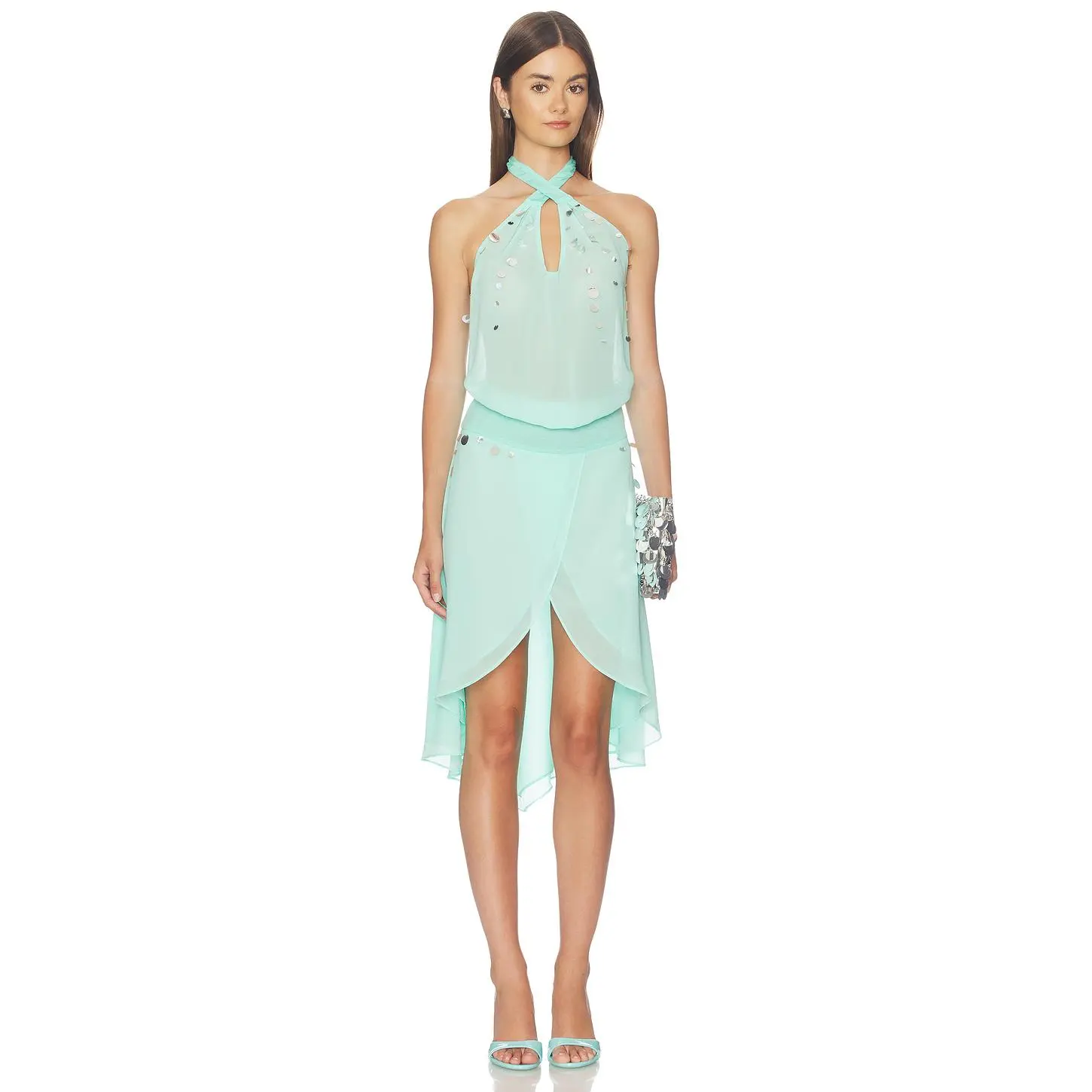 Jaded London Mirror Sequin Draped Dress in Blue