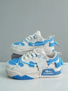 Men's Lace-Up Thick Bottom Color-Block Sports Skate Shoes, Breathable Comfort for Everyday Wear & Outdoor Activities